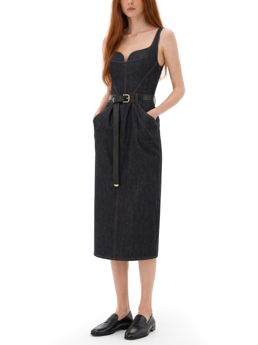 Givenchy Raw Denim Sweetheart Neckline Midi Dress Zwart