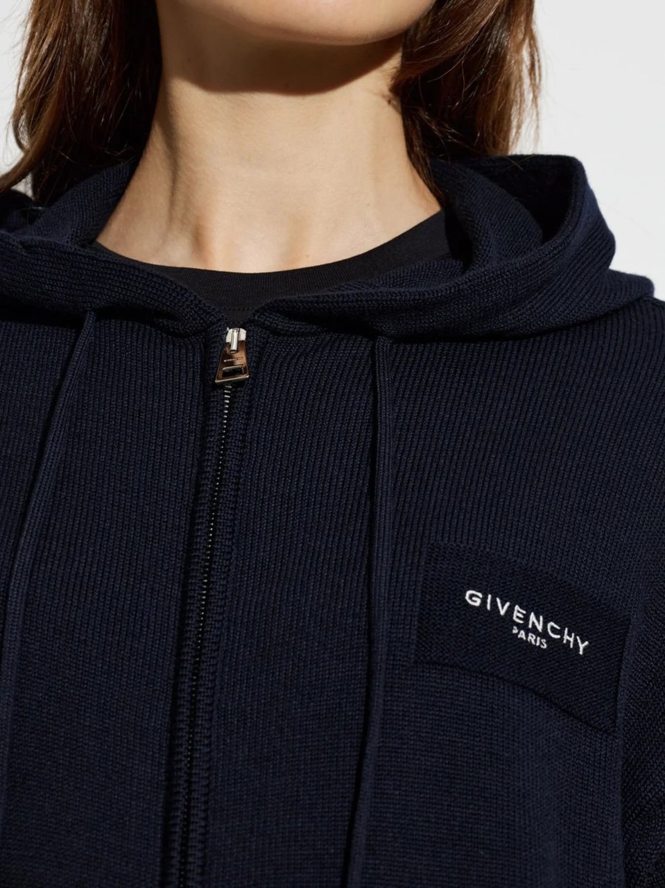 Givenchy Ribbed Knit Zip-Up Hoodie Sweater With Adjustable Hood Zwart