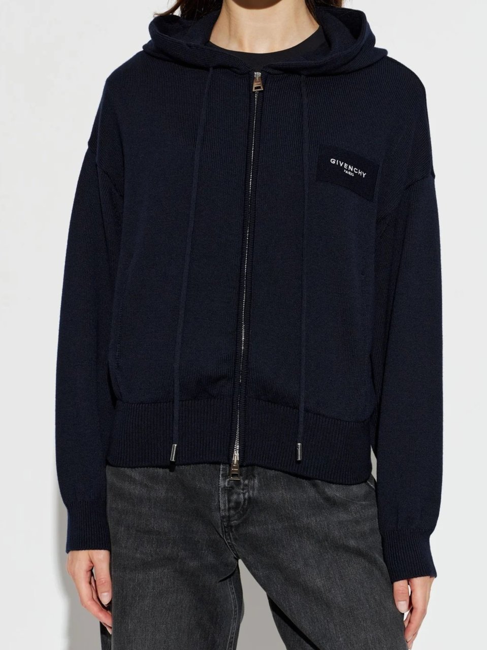 Givenchy Ribbed Knit Zip-Up Hoodie Sweater With Adjustable Hood Zwart