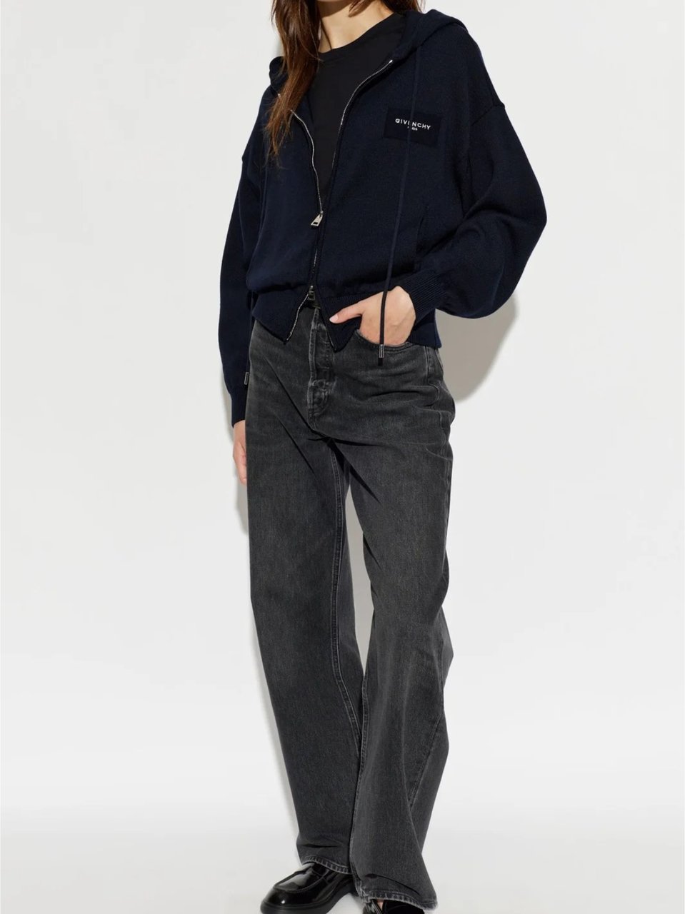 Givenchy Ribbed Knit Zip-Up Hoodie Sweater With Adjustable Hood Zwart