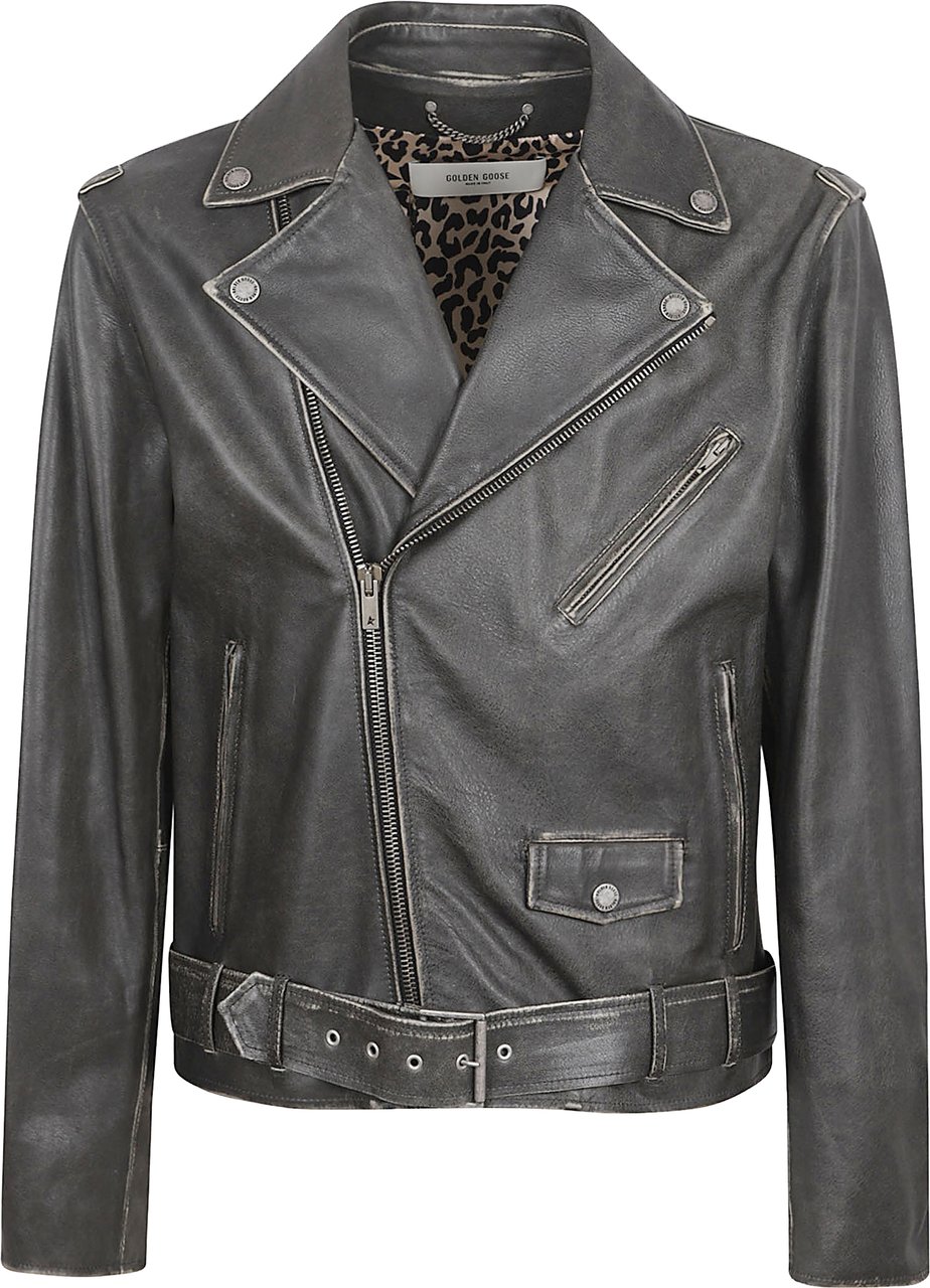 Golden Goose Hammered Leather Biker Jacket Grijs