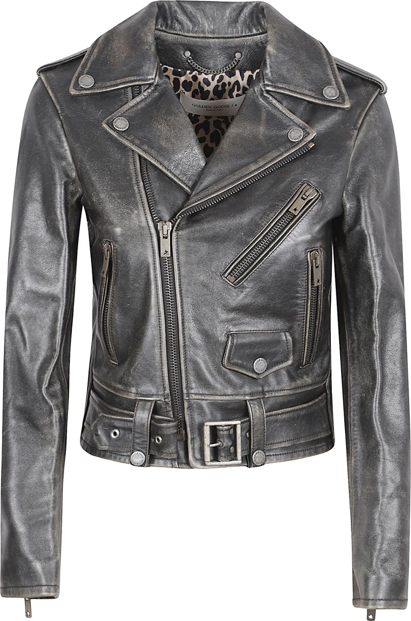 Golden Goose Distressed Black Leather Biker Jacket Grijs