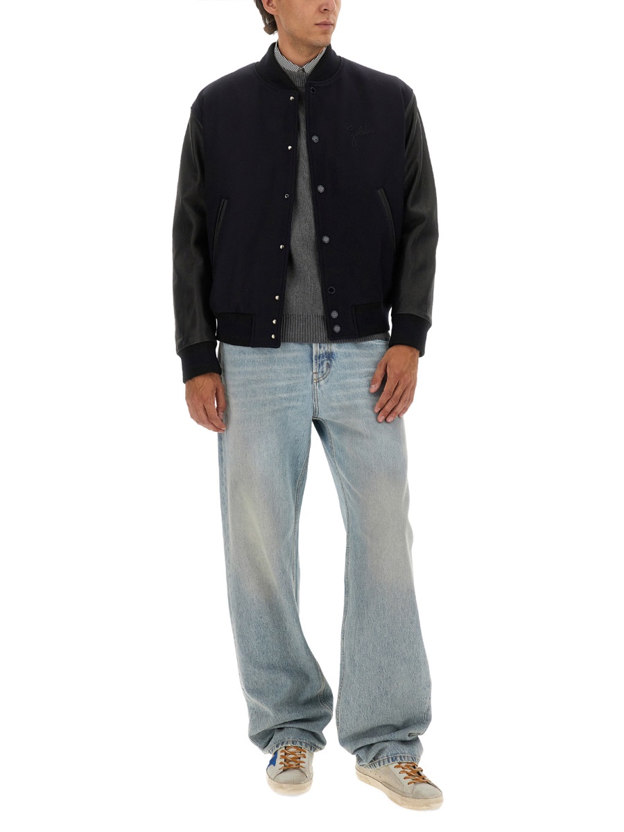 Golden Goose WOOL BOMBER JACKET AND LEATHER SLEEVES Blauw