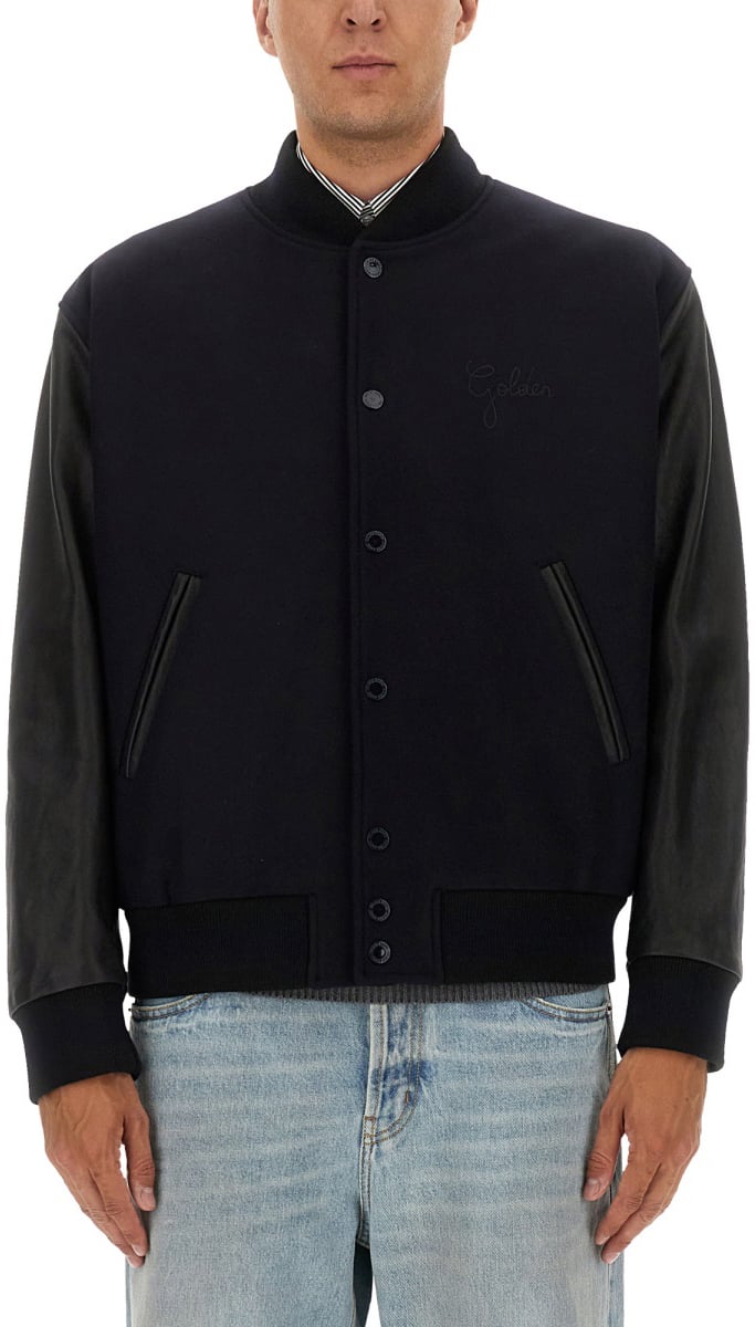 Golden Goose WOOL BOMBER JACKET AND LEATHER SLEEVES Blauw
