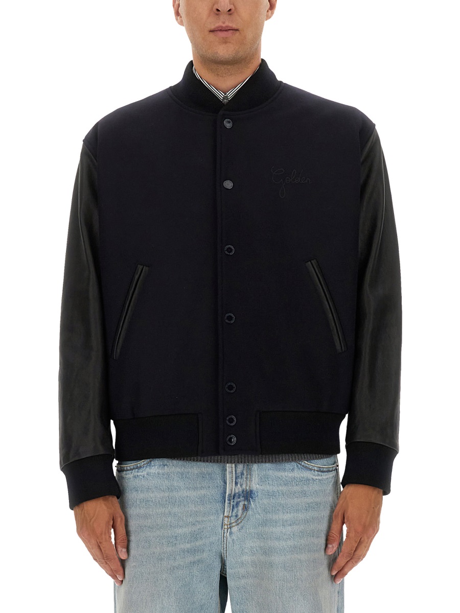 Golden Goose WOOL BOMBER JACKET AND LEATHER SLEEVES Blauw