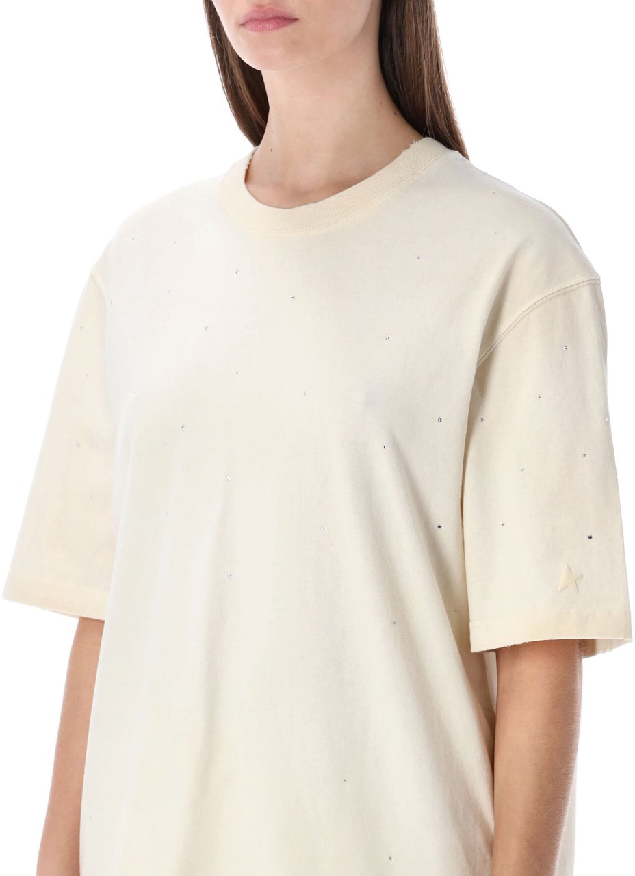 Golden Goose Tshirt Crystal Star Back Artic Wolf Beige Wit