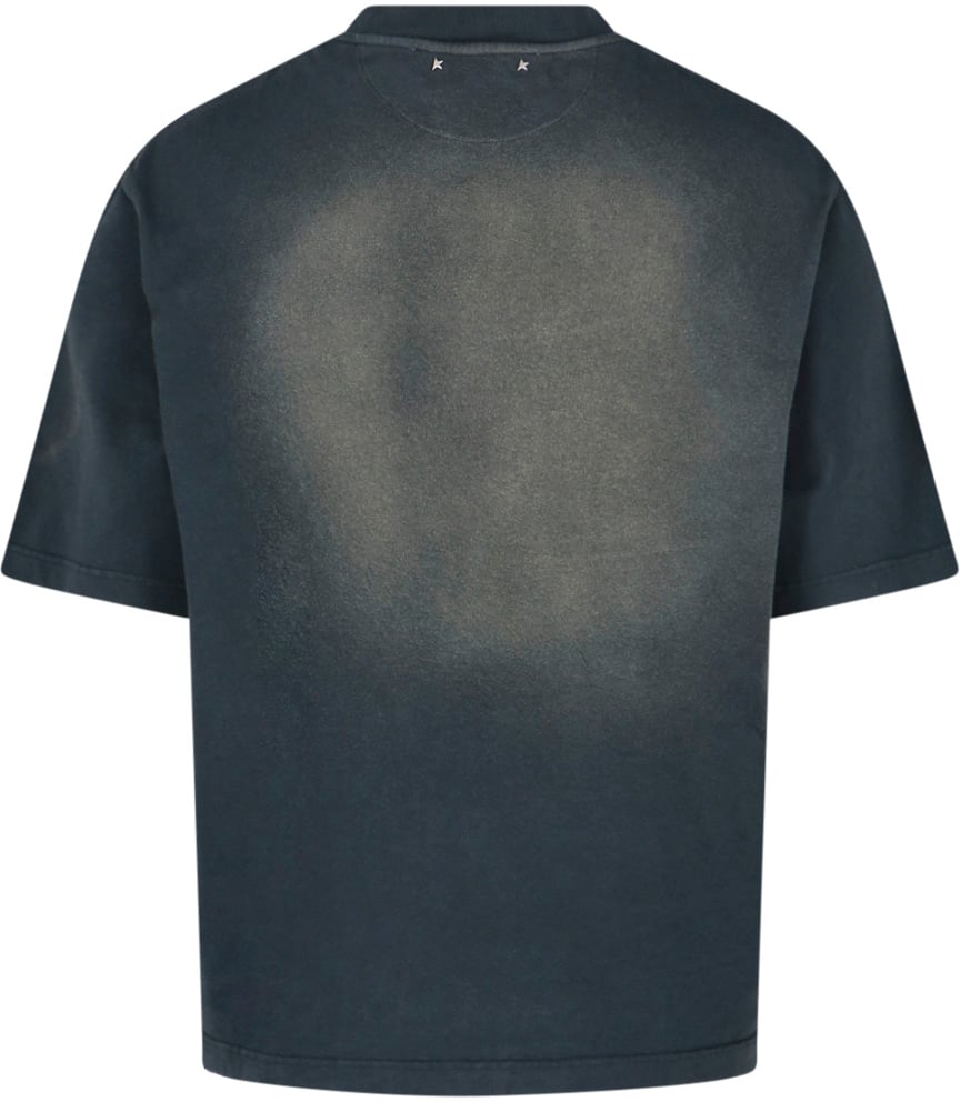 Golden Goose Worn-Finish Black Cotton T-Shirt with Ribbed Trims Zwart