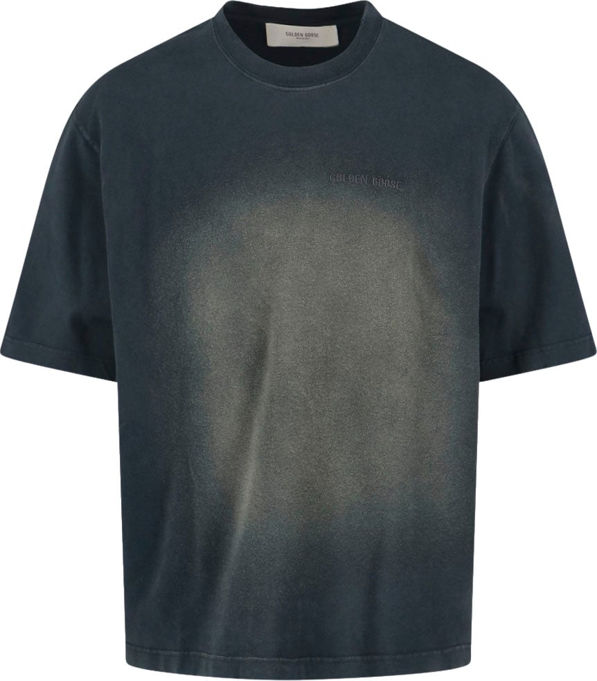 Golden Goose Worn-Finish Black Cotton T-Shirt with Ribbed Trims Zwart