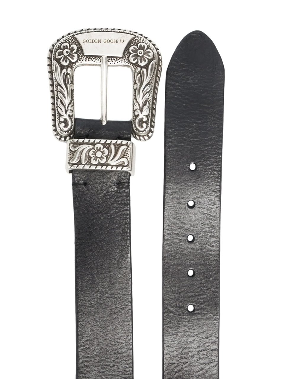 Golden Goose Black Leather Western-Style Belt with Engraved Silver Buckle Zwart