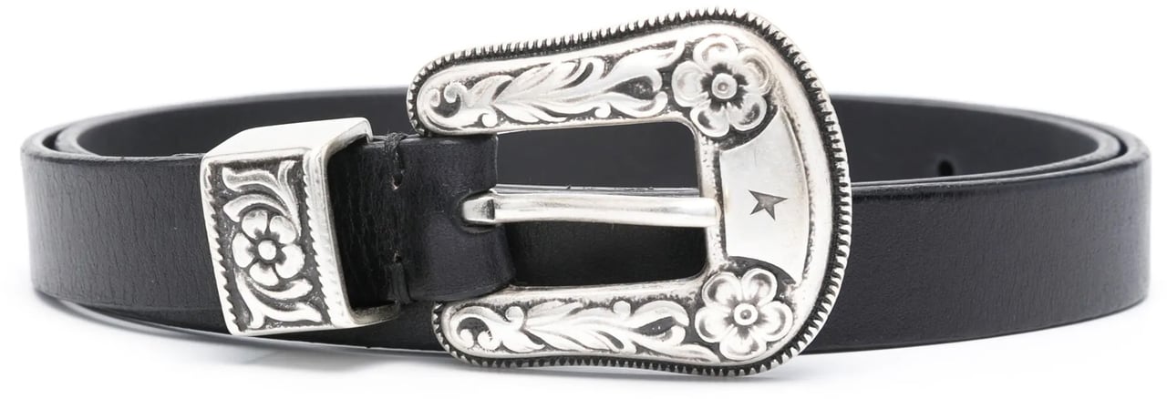 Golden Goose New Ornate Silver Buckle Leather Belt Zwart
