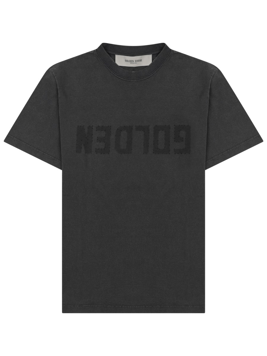 Golden Goose Distressed Logo Cotton Crew Neck T-Shirt Zwart