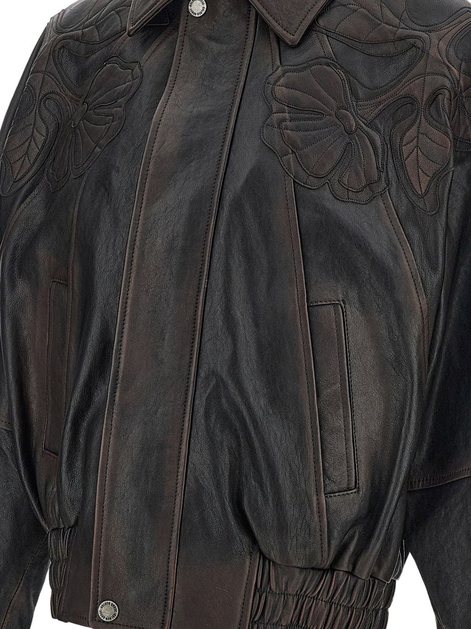 Golden Goose Brown Floral Embroidery Leather Leather Jacket Zwart