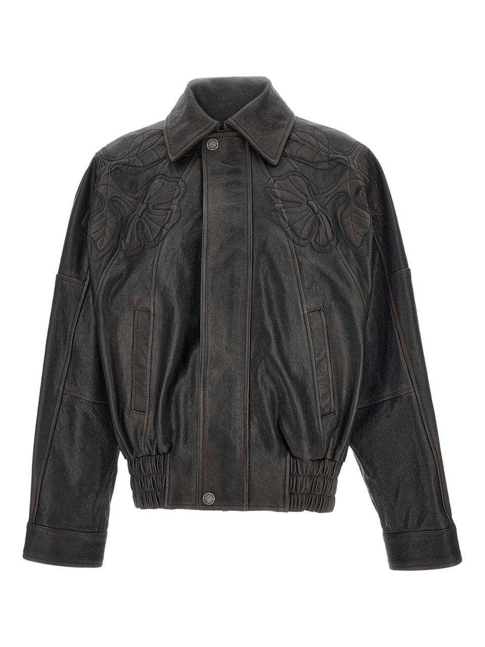 Golden Goose Brown Floral Embroidery Leather Leather Jacket Zwart