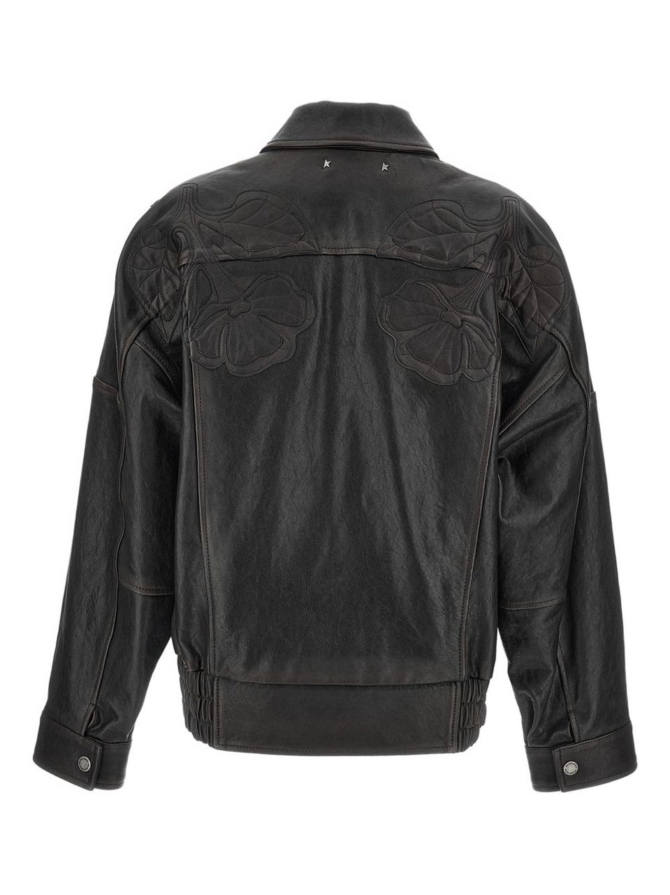 Golden Goose Brown Floral Embroidery Leather Leather Jacket Zwart