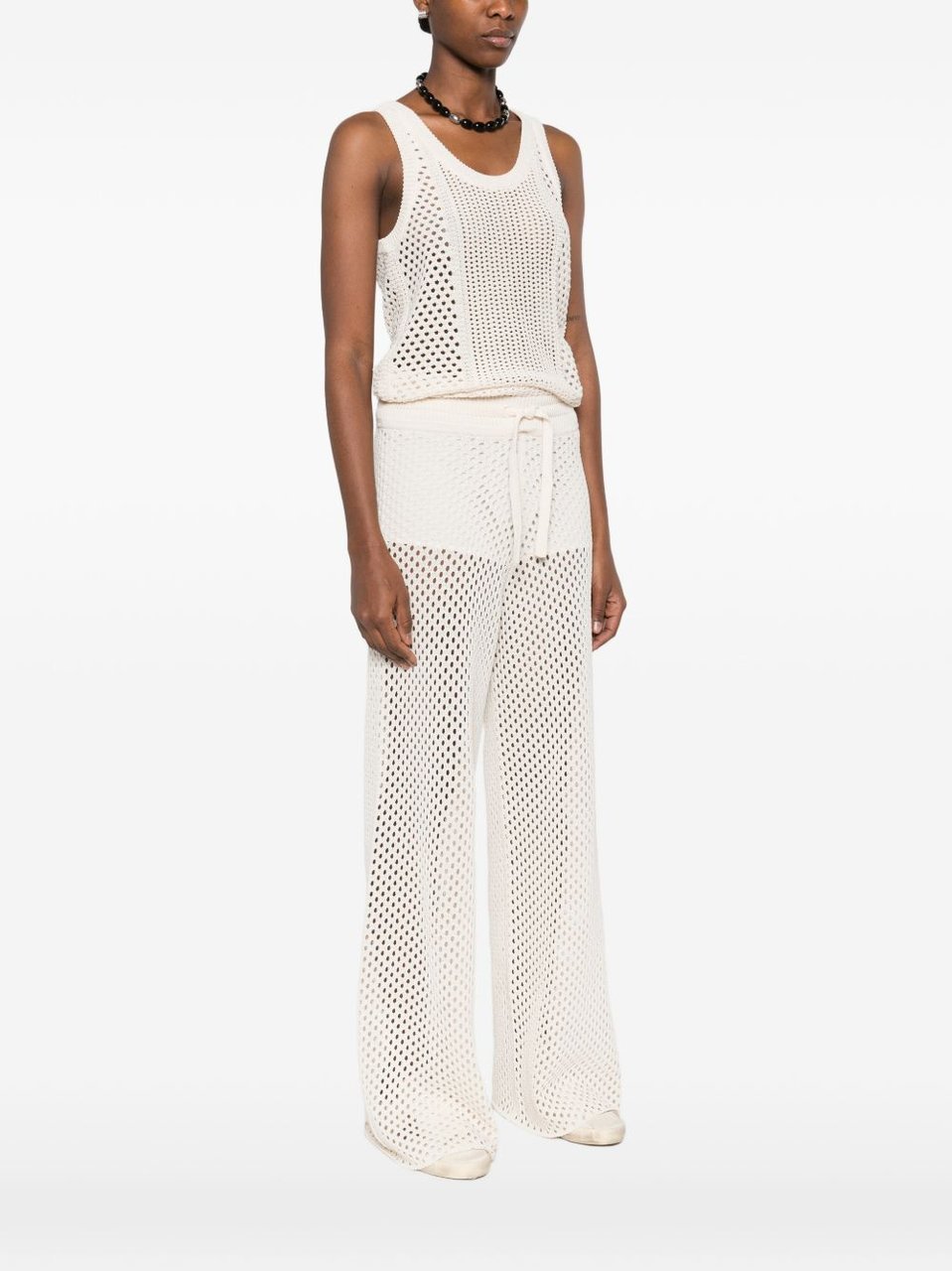 Golden Goose White Sheer Elastic Waist Embroidered Wide-Leg Pants Neutraal