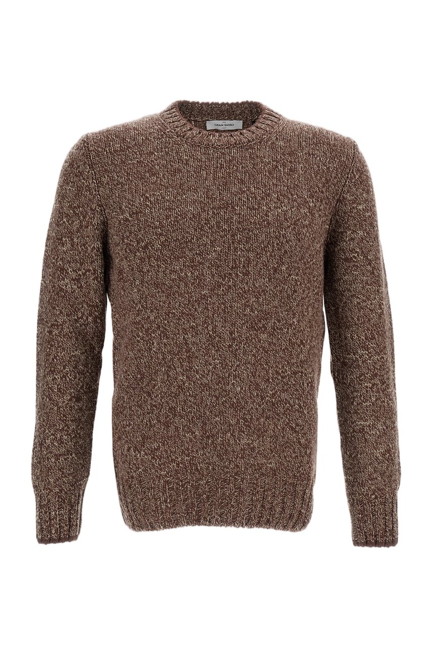 Gran Sasso Brown Herringbone Wool Crewneck Sweater Bruin
