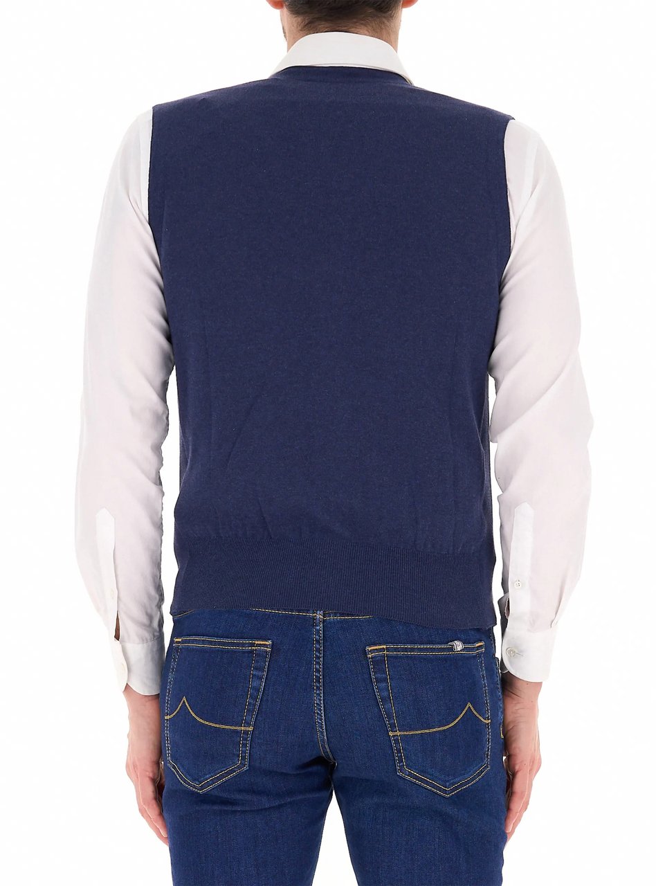 Gran Sasso Deep Blue Tailored Cotton V-Neck Gilet Zwart