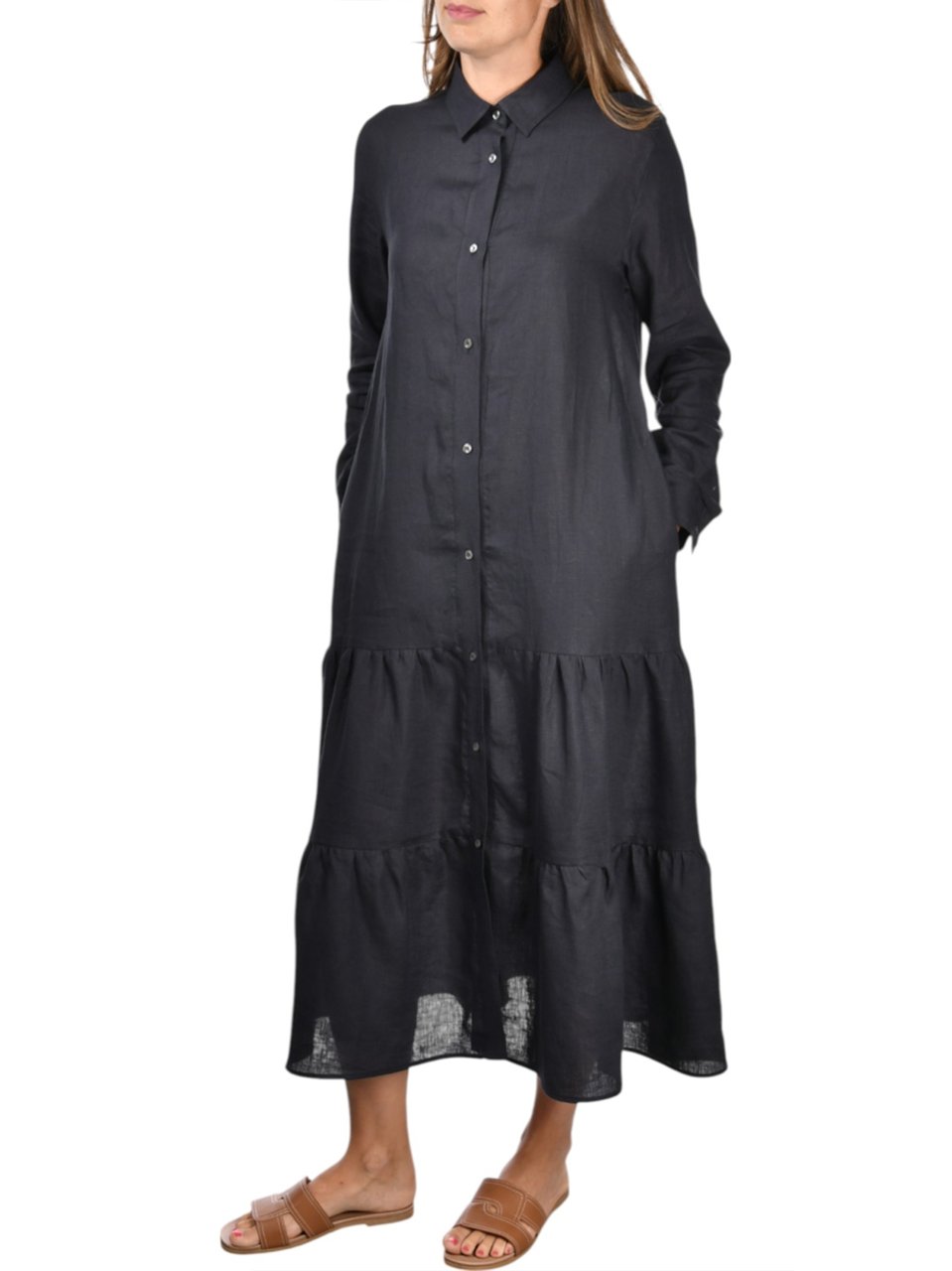 Gran Sasso White Abitino Tiered Skirt Linen Dress Zwart