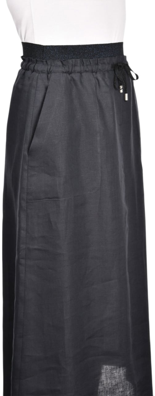 Gran Sasso Black Gonna Elastic Waist Linen Skirt Zwart