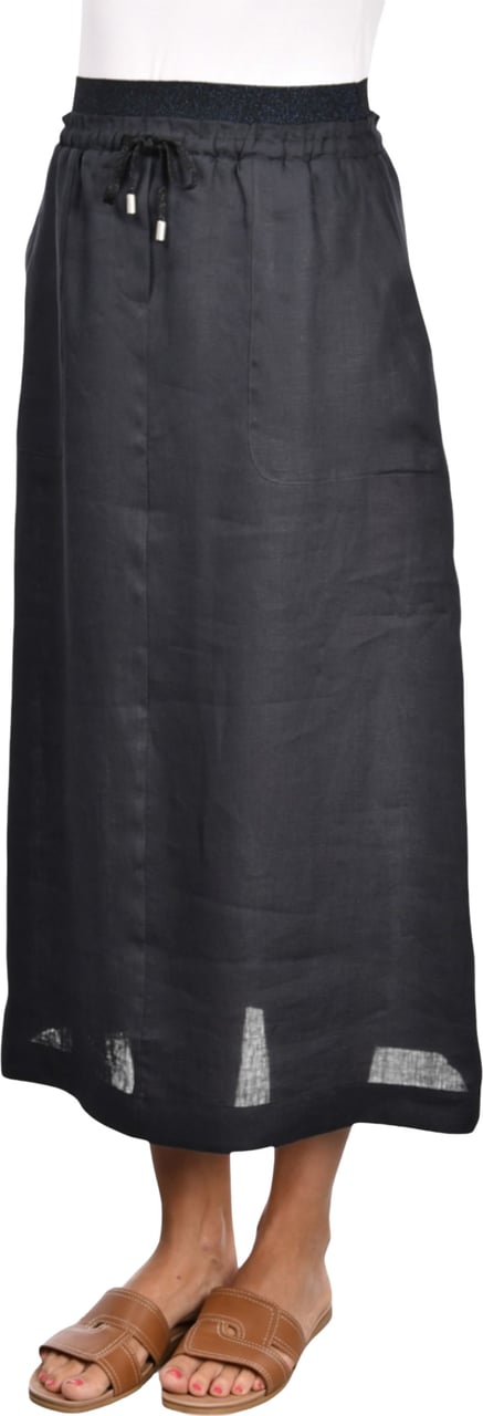 Gran Sasso Black Gonna Elastic Waist Linen Skirt Zwart