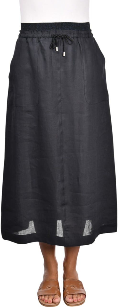 Gran Sasso Black Gonna Elastic Waist Linen Skirt Zwart
