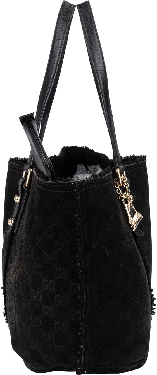 Gucci Suede GG Monogram Jolicoeur Shearling Tote Handbag Zwart