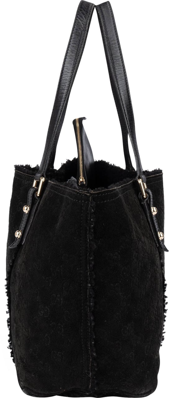 Gucci Suede GG Monogram Jolicoeur Shearling Tote Handbag Zwart