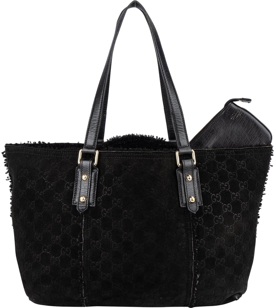Gucci Suede GG Monogram Jolicoeur Shearling Tote Handbag Zwart