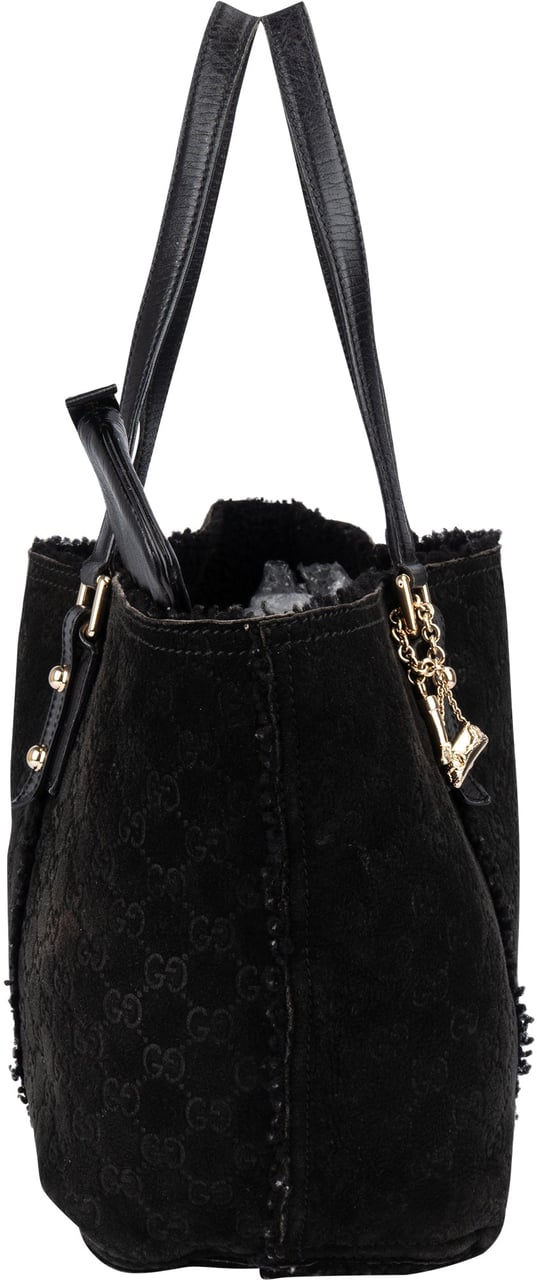 Gucci Gucci Suede GG Monogram Jolicoeur Shearling Tote Handbag Zwart