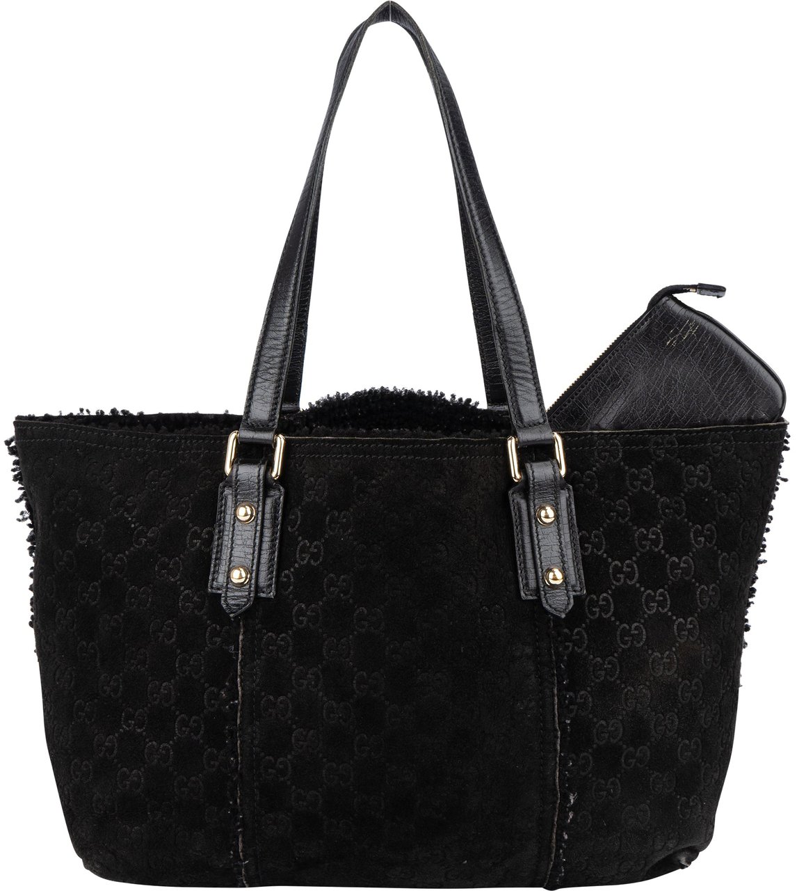 Gucci Gucci Suede GG Monogram Jolicoeur Shearling Tote Handbag Zwart