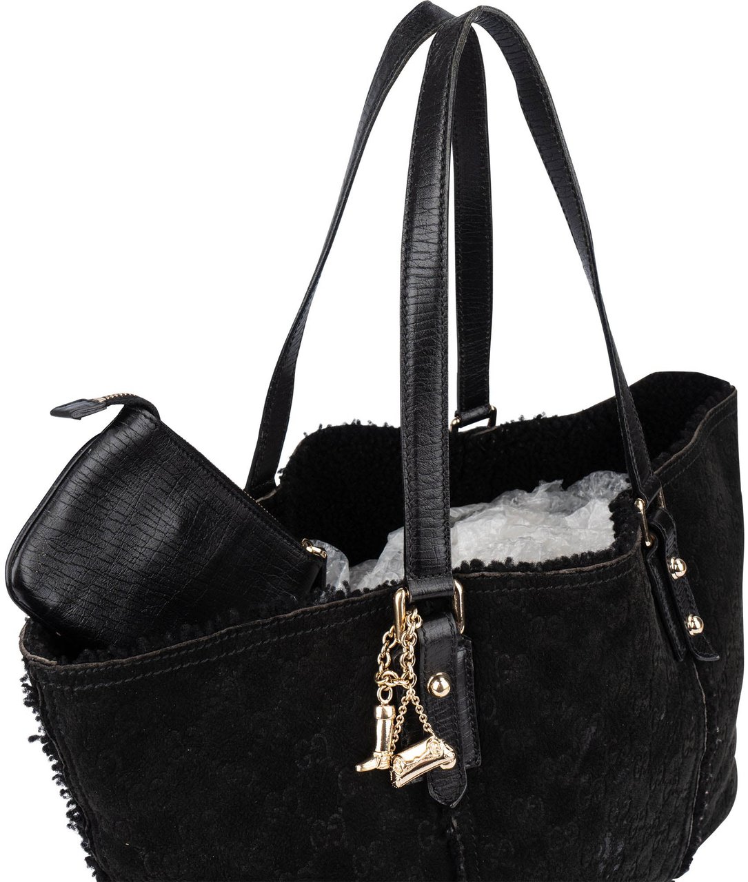 Gucci Suede GG Monogram Jolicoeur Shearling Tote Handbag Zwart