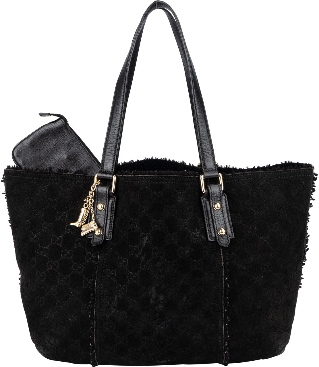 Gucci Gucci Suede GG Monogram Jolicoeur Shearling Tote Handbag Zwart