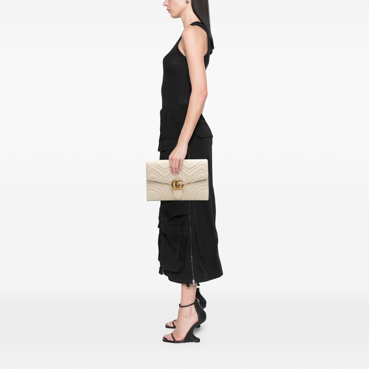 Gucci GG Marmont Matelasse Leather Flap Clutch Wit