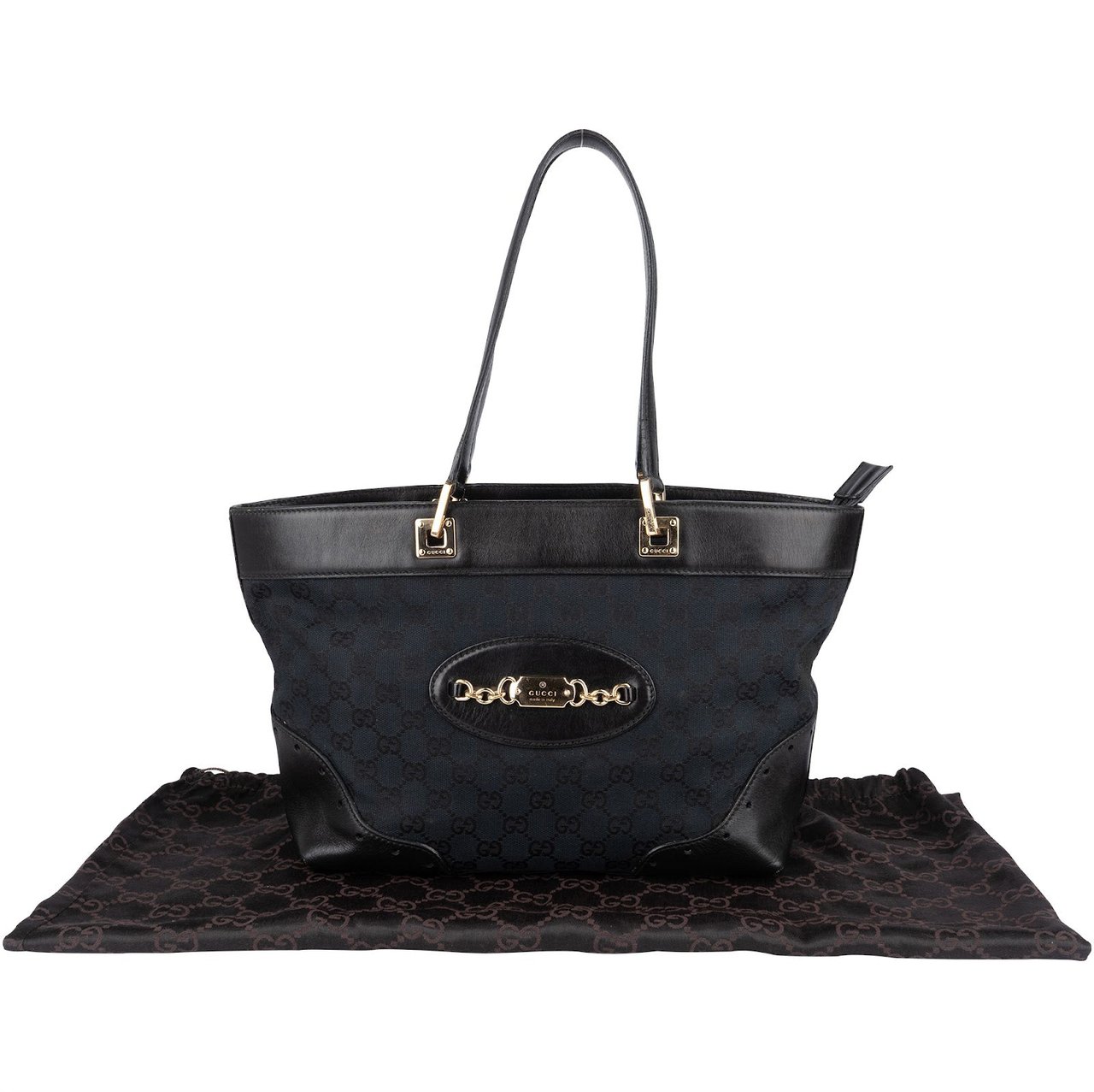 Gucci Gucci Monogram GG Canvas Horsebit Tote Shoulder Bag Zwart