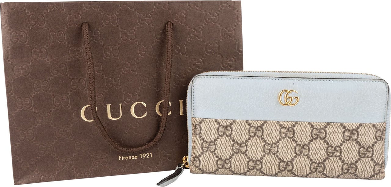 Gucci Gucci Monogram GG Supreme Marmont Zip Around Wallet Lichtblauw