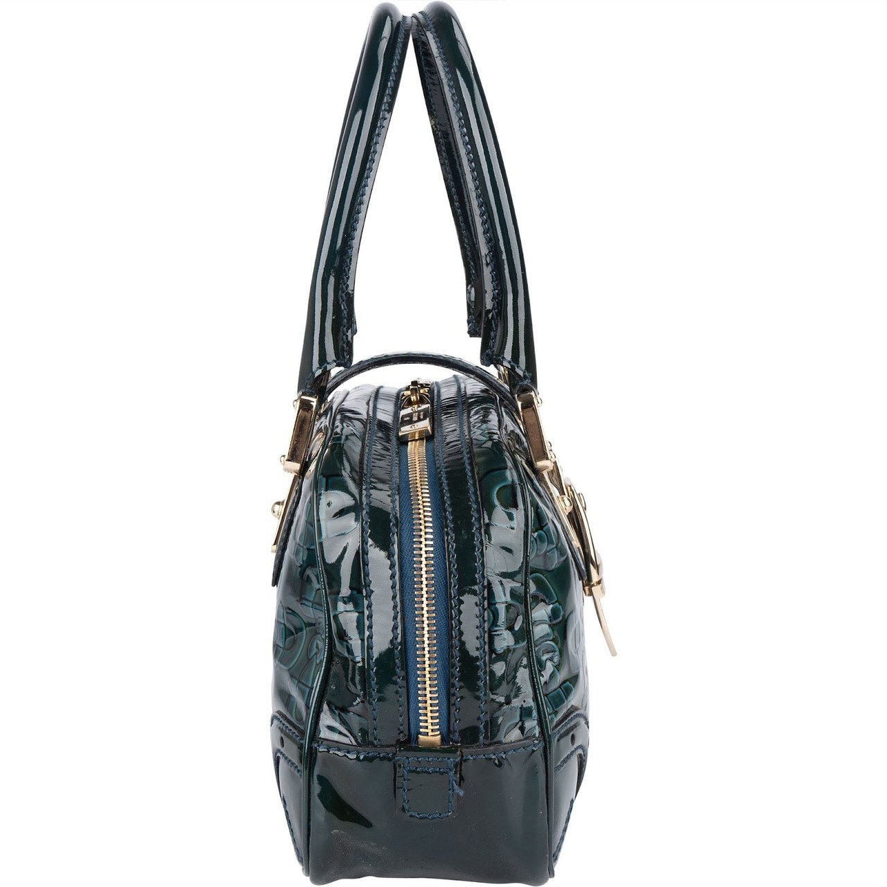 Gucci Gucci Monogram Patent Leather Horsebit Boston Handbag Donkergroen