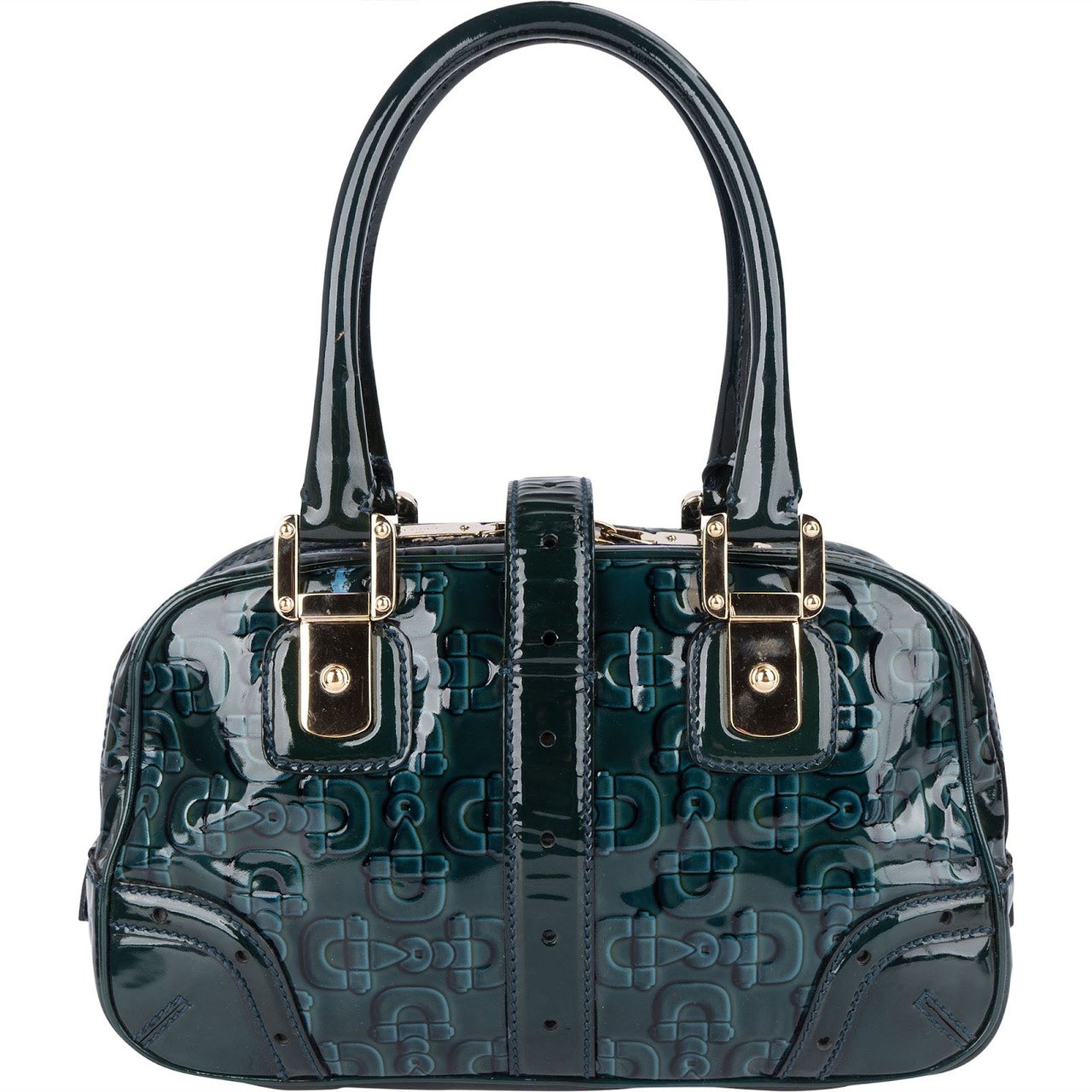Gucci Gucci Monogram Patent Leather Horsebit Boston Handbag Donkergroen