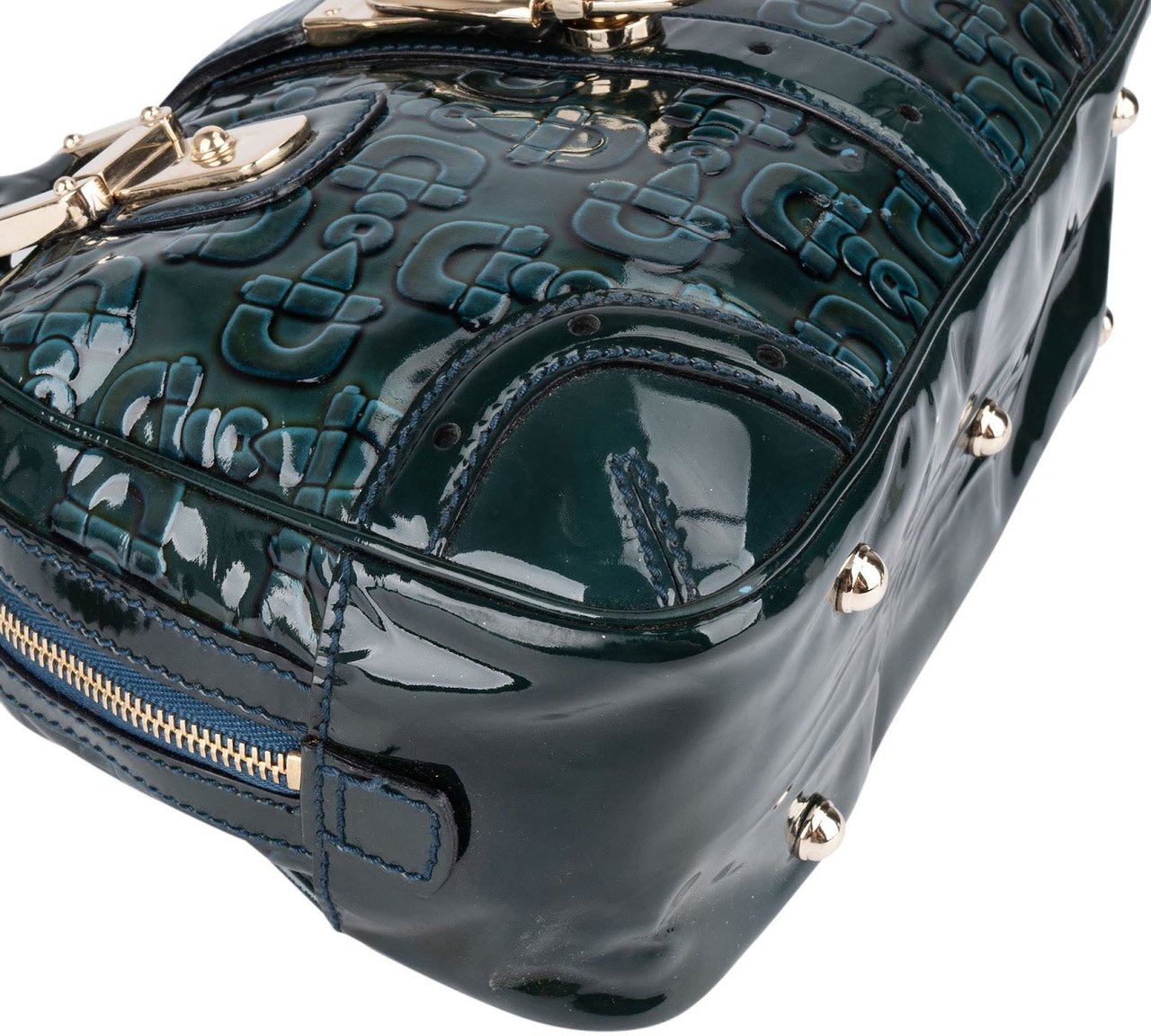 Gucci Gucci Monogram Patent Leather Horsebit Boston Handbag Donkergroen