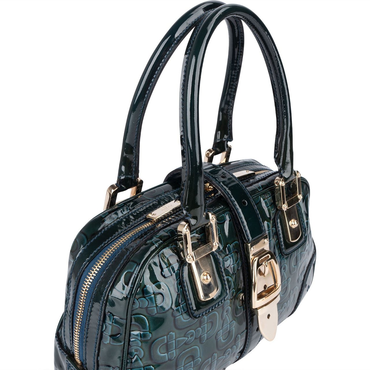 Gucci Gucci Monogram Patent Leather Horsebit Boston Handbag Donkergroen