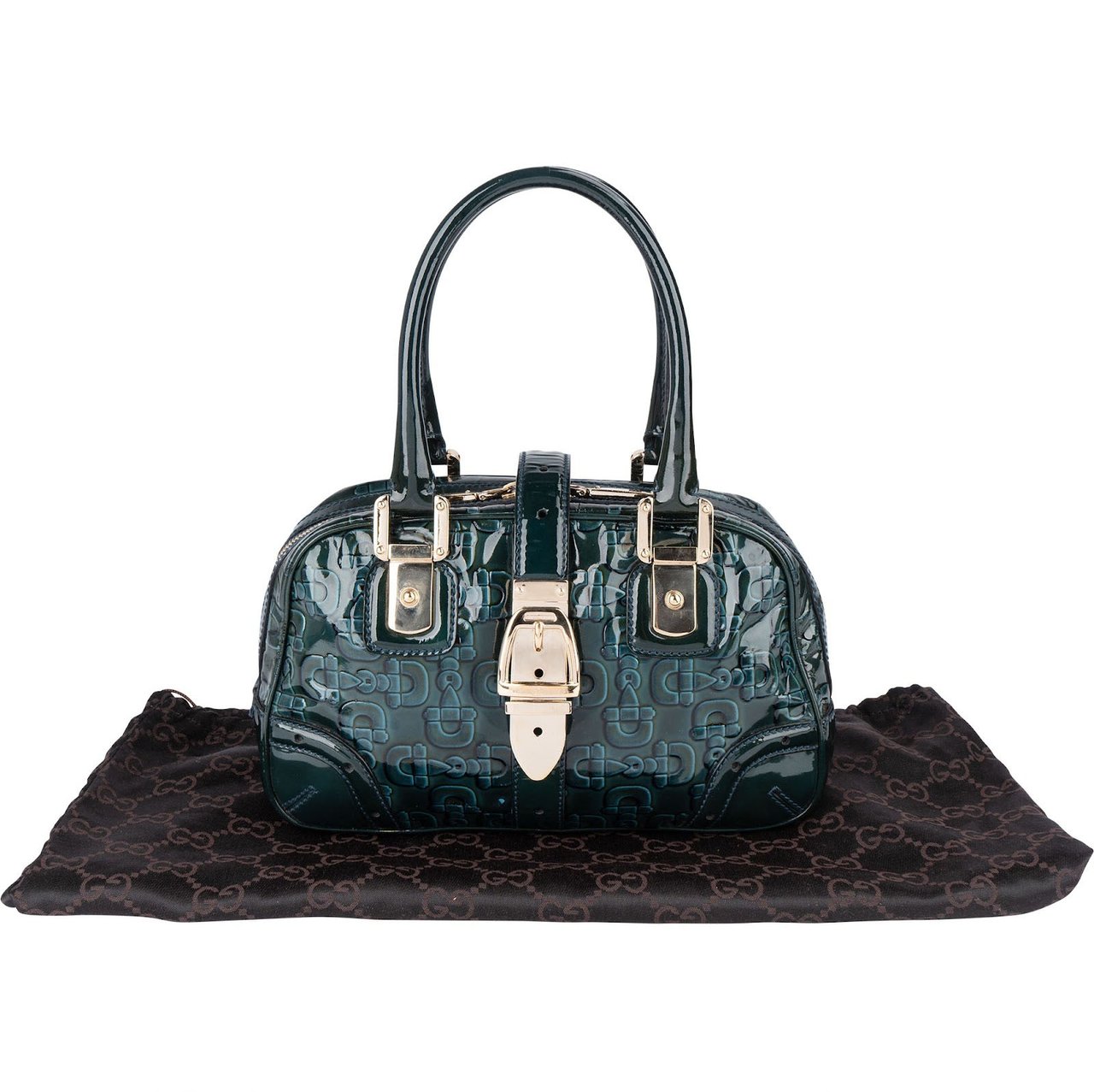 Gucci Gucci Monogram Patent Leather Horsebit Boston Handbag Donkergroen