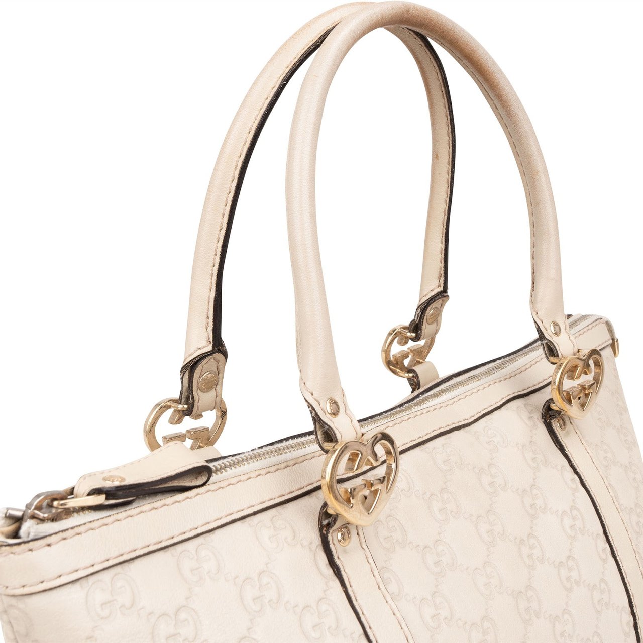 Gucci GG White Leather Guccissima Twin Heart Handbag Divers