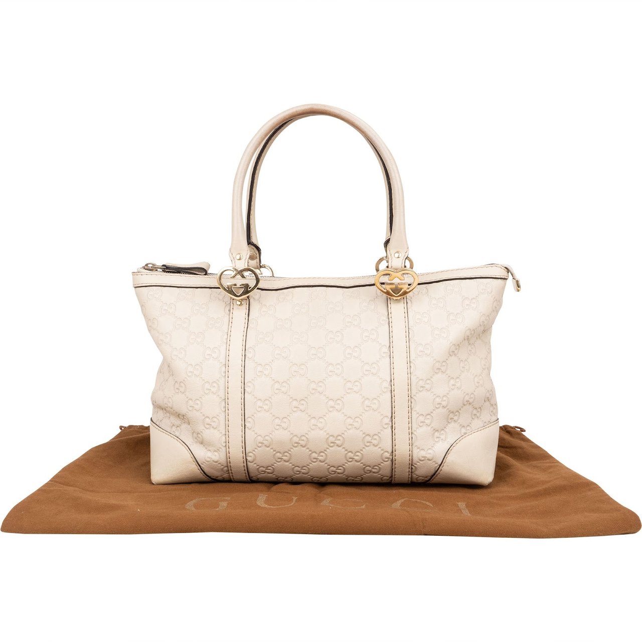 Gucci GG White Leather Guccissima Twin Heart Handbag Divers