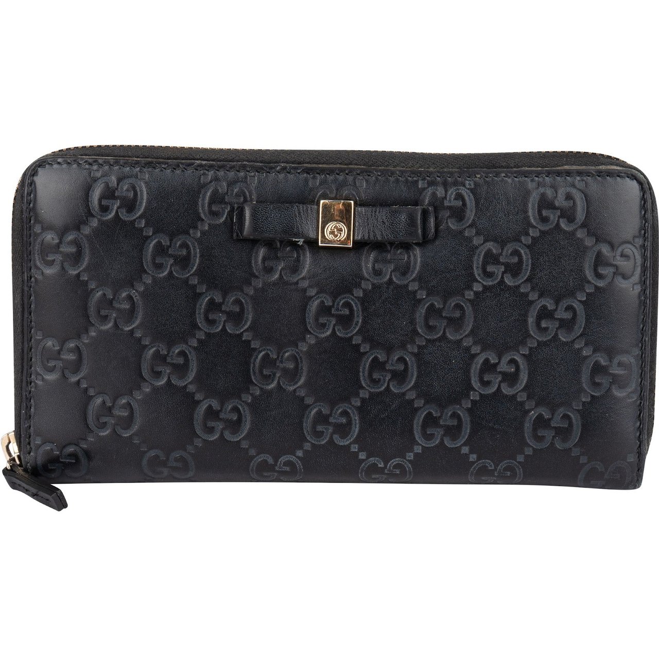Gucci Guccissima Leather Bow Zip Around Wallet Zwart