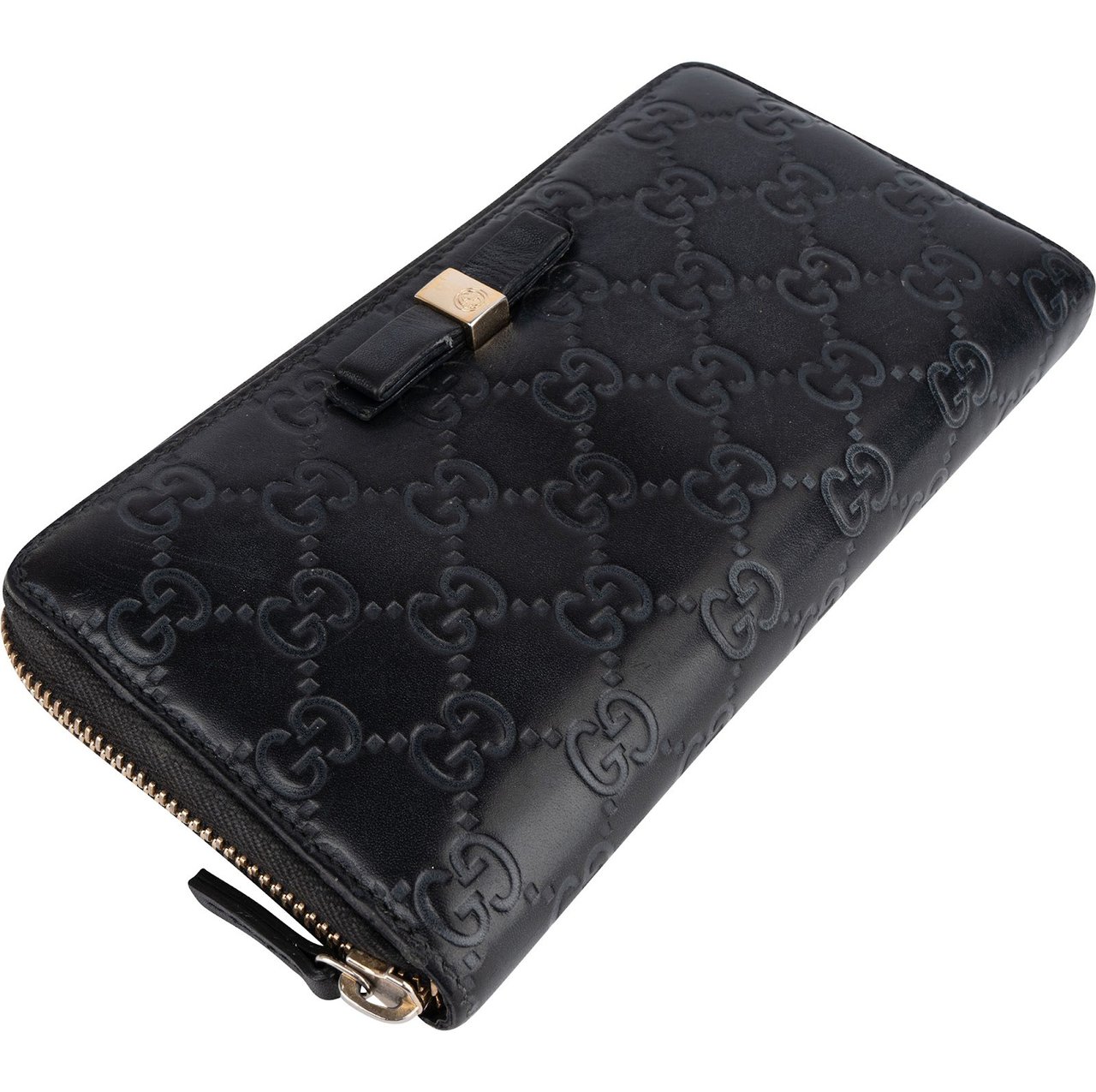 Gucci Guccissima Leather Bow Zip Around Wallet Zwart