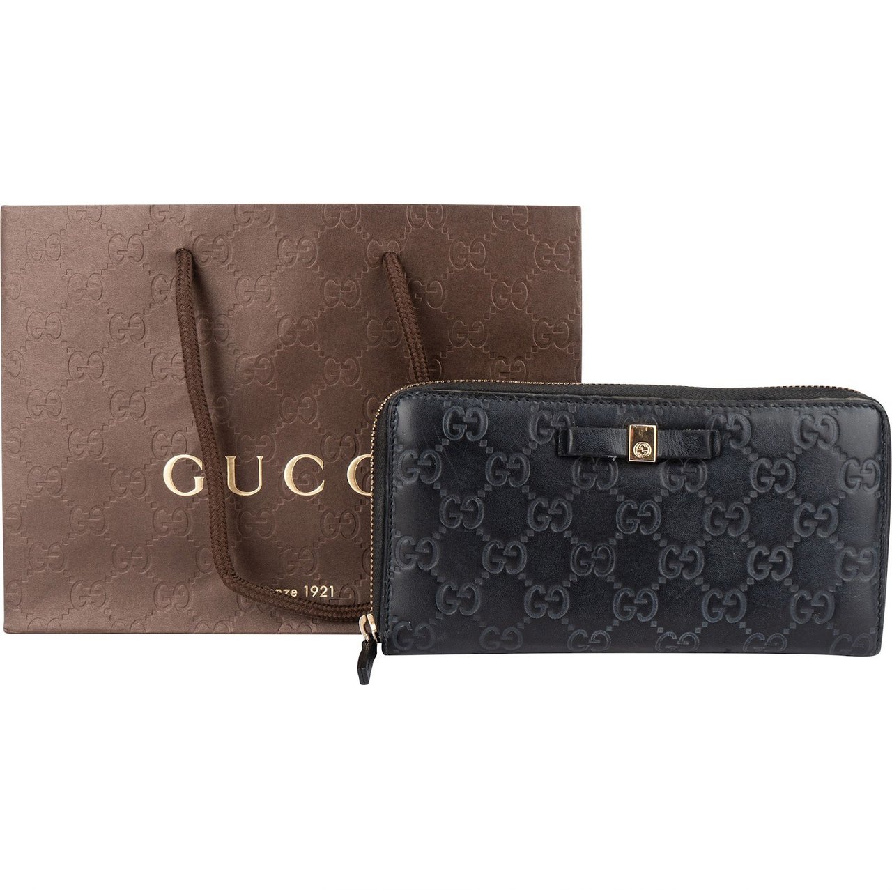 Gucci Guccissima Leather Bow Zip Around Wallet Zwart