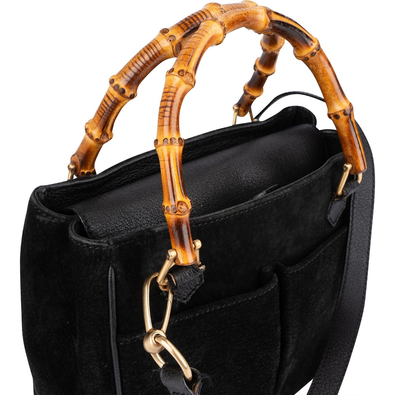 Gucci Gucci Black Suede Bamboo Handbag Zwart