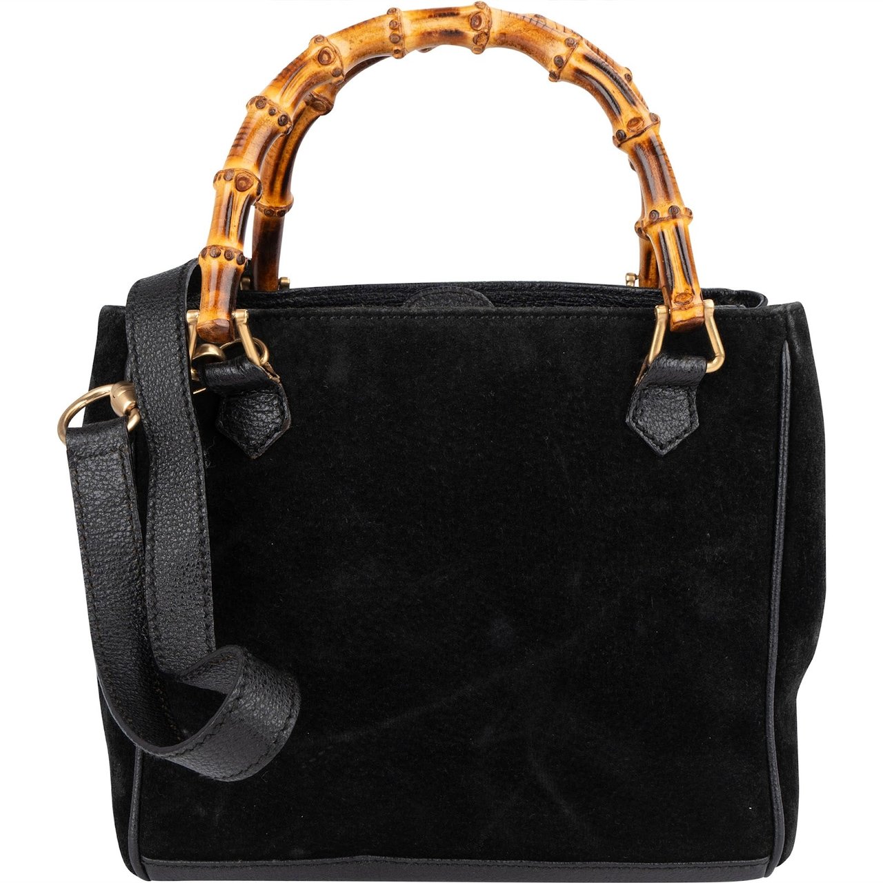 Gucci Gucci Black Suede Bamboo Handbag Zwart