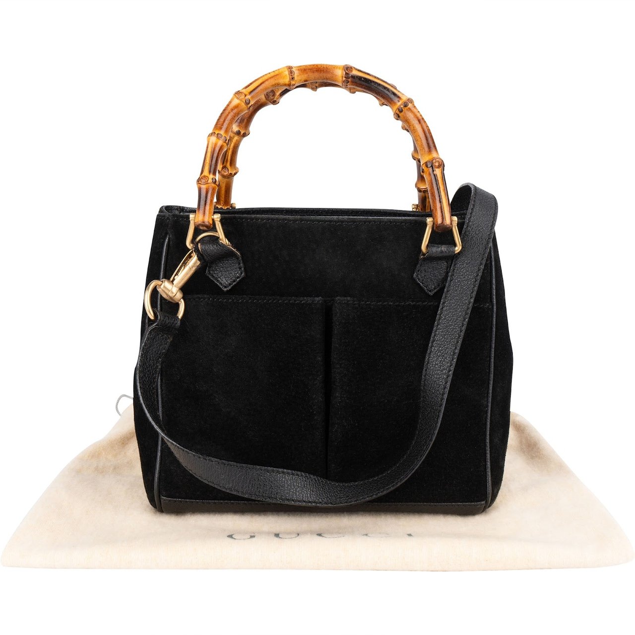 Gucci Gucci Black Suede Bamboo Handbag Zwart
