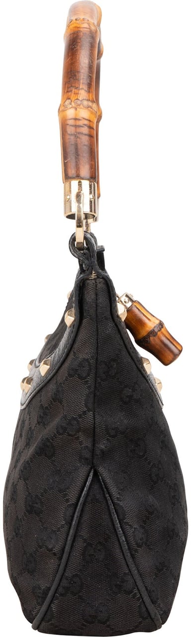 Gucci Black Monogram GG Bamboo Studded Hobo Handbag Zwart