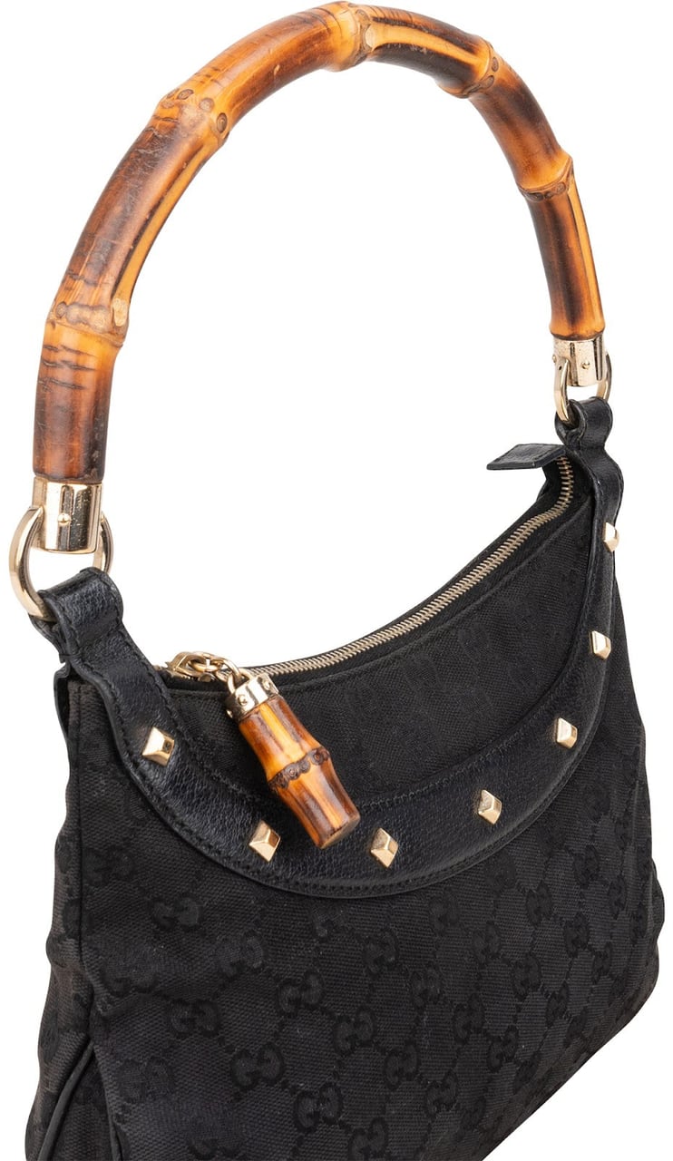 Gucci Black Monogram GG Bamboo Studded Hobo Handbag Zwart